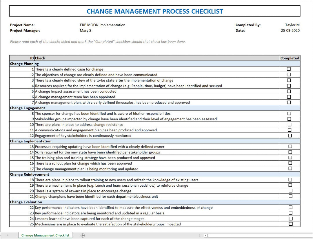 Process Change Monitoring Checklist Sample Change Management Templates – PM Docs